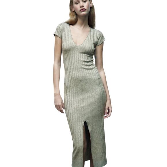 ZARA | Light Khaki | RIBBED MIDI DRESS - Picture 5 of 9
